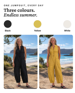 Dulcie | Sleeveless Button-Front Linen Jumpsuit available in 3 colours: black, yellow, white