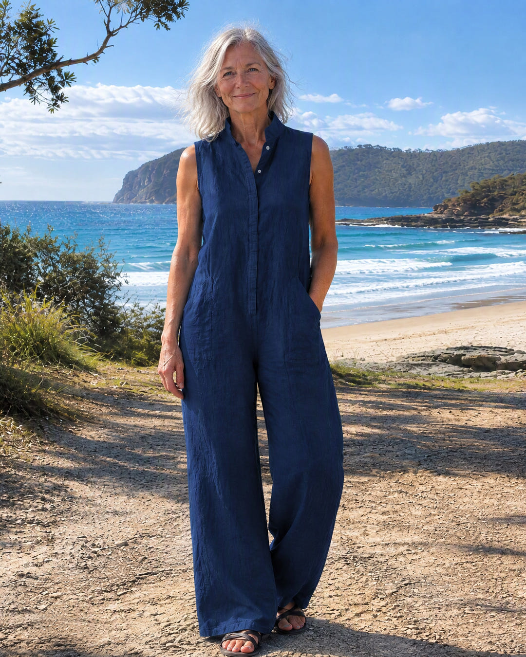 Essie | Minimalist Wide-Leg Linen Jumpsuit on Bruny Island, Navy Blue colourway