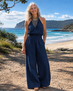 Dagny | Halter-Neck Smocked Linen Jumpsuit on Bruny Island, Navy Blue colourway
