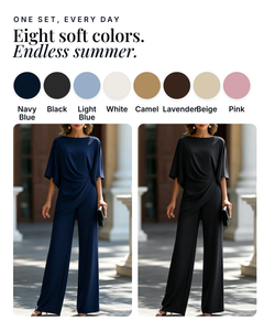 Emlyn | Draped Asymmetric Wide-Leg Set available in 8 colours: navy blue, black, light blue, white, camel, lavender, beige, pink
