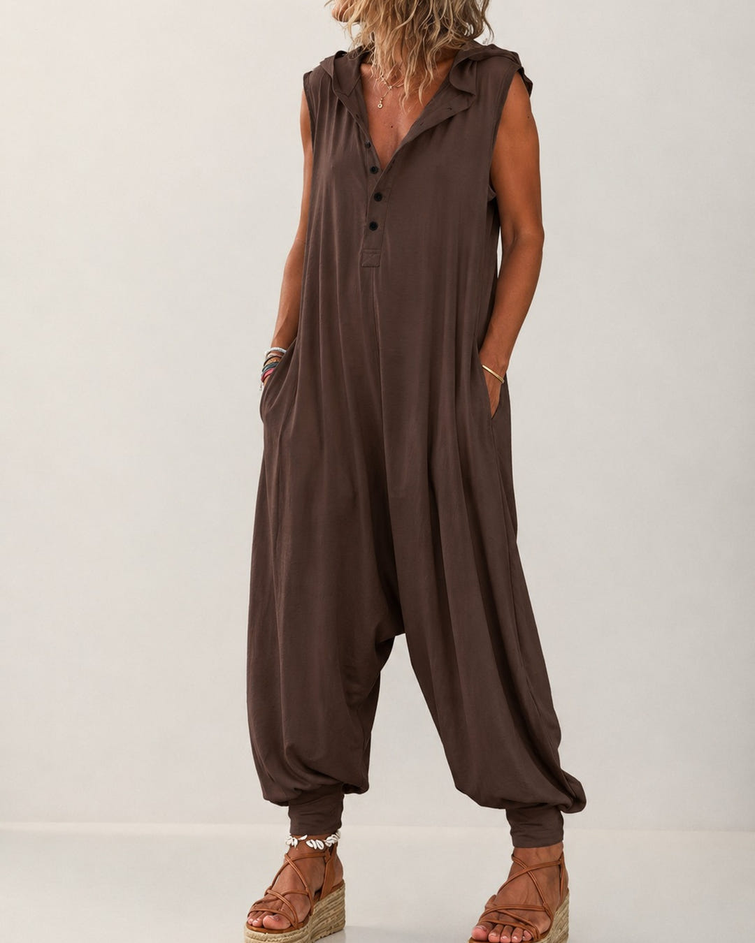 Rae | Casual Hooded Harem Jumpsuit – Brown