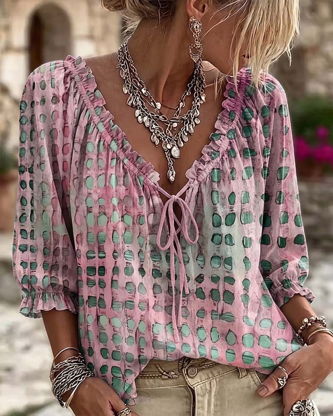 Mila | Boho Print Tie-Neck Blouse – Pink