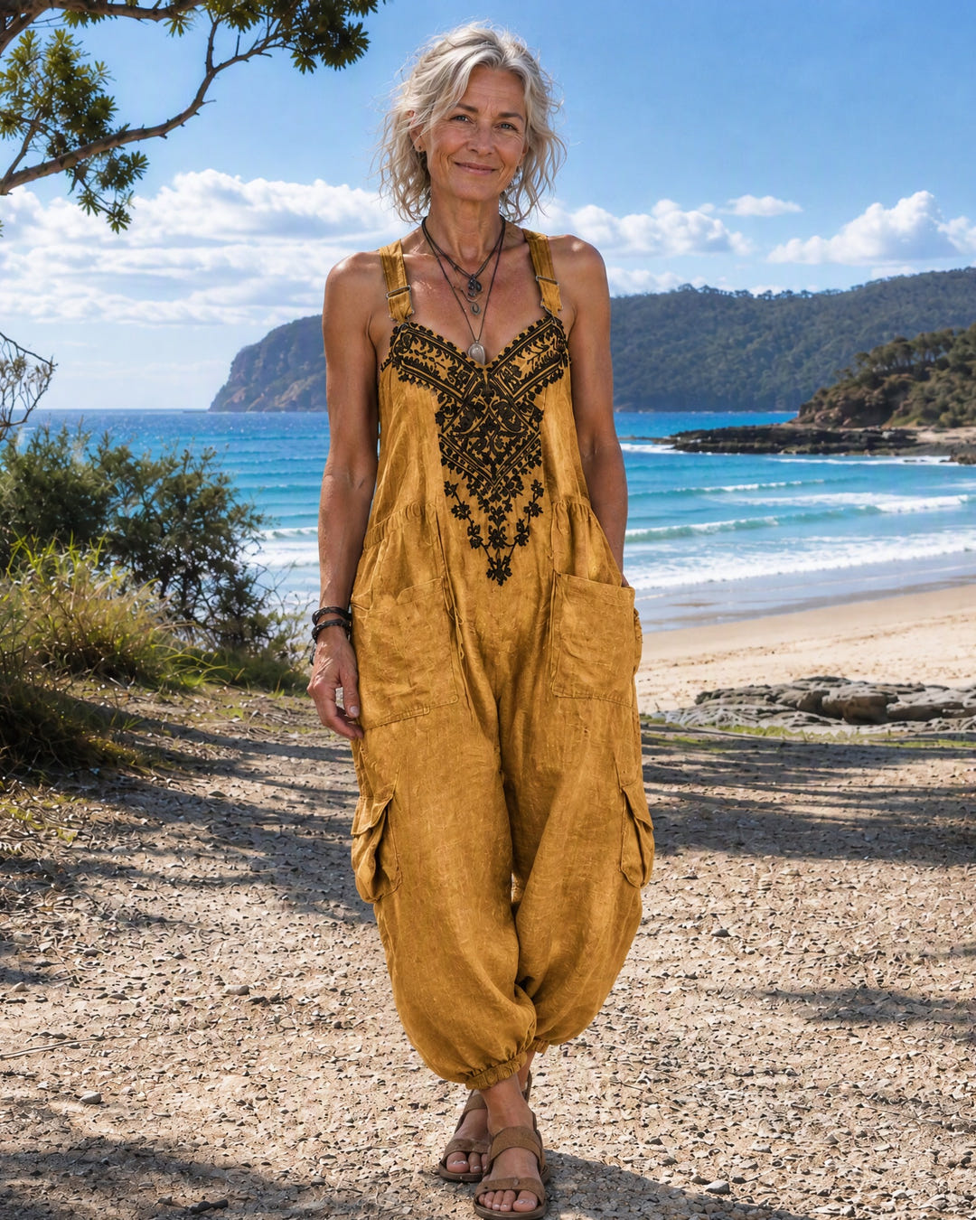 Mae | Embroidered Boho Dungaree Jumpsuit on Bruny Island, Yellow colourway