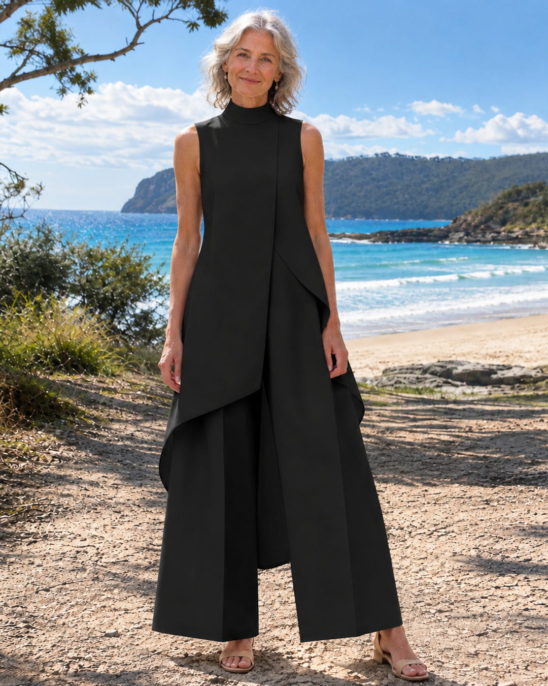 Sidonie | Asymmetric Layered Wide-Leg Jumpsuit on Bruny Island, Black colourway