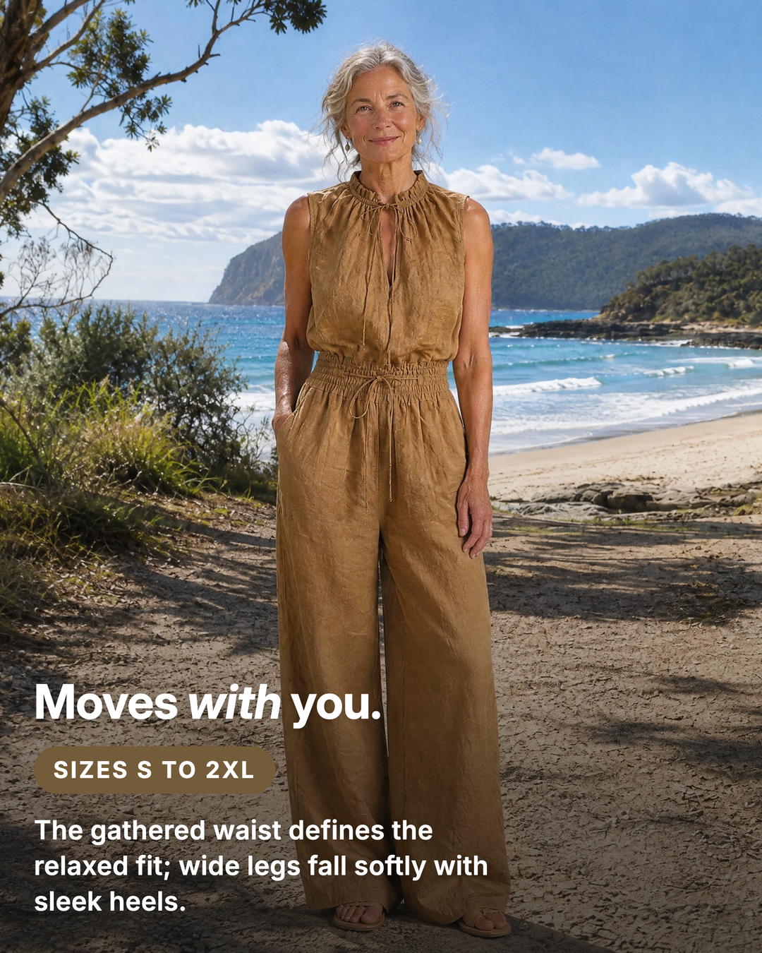 Gilly | Tie-Neck Belted Linen Jumpsuit fit and sizes