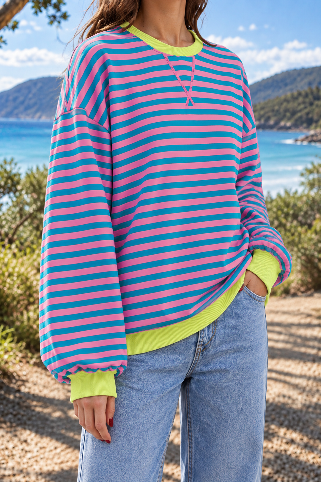Giselle | Striped Crew Neck Sweatshirt in Blue & Pink, three-quarter view
