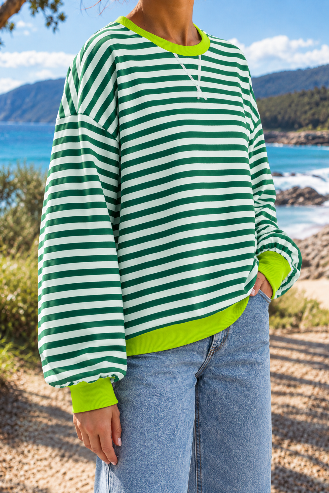 Giselle | Striped Crew Neck Sweatshirt in Dark Green, three-quarter view