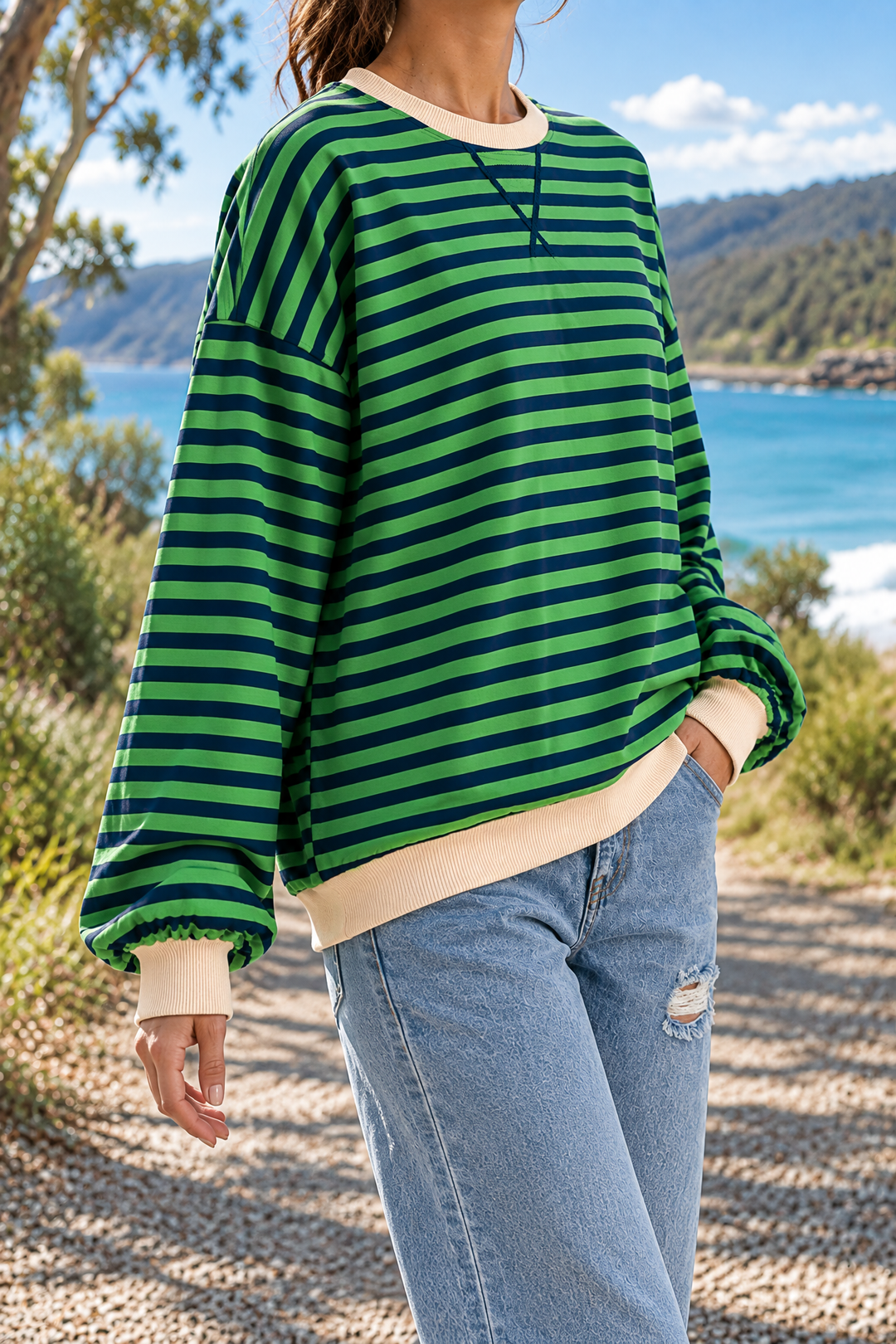 Giselle | Striped Crew Neck Sweatshirt in Green, three-quarter view