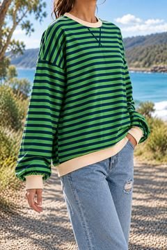Giselle | Striped Crew Neck Sweatshirt in Green, three-quarter view