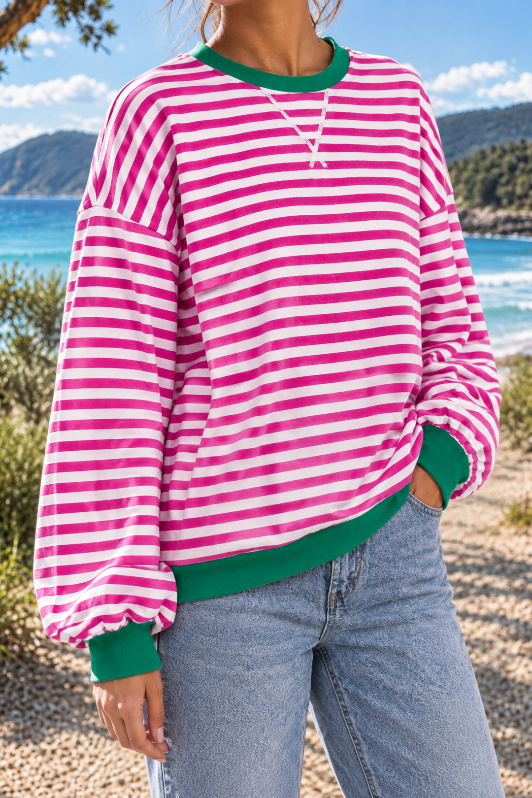 Giselle | Striped Crew Neck Sweatshirt in Rose Red, three-quarter view
