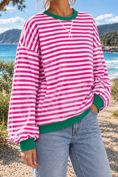 Giselle | Striped Crew Neck Sweatshirt in Rose Red, three-quarter view