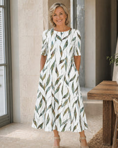 Floral midi dress with elbow sleeves in green leaf print