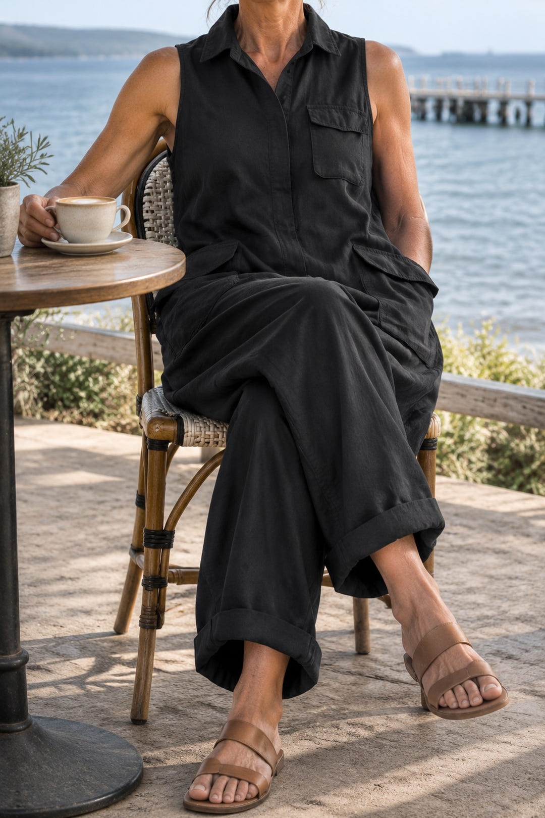Sleeveless utility jumpsuit in black at a seaside cafe