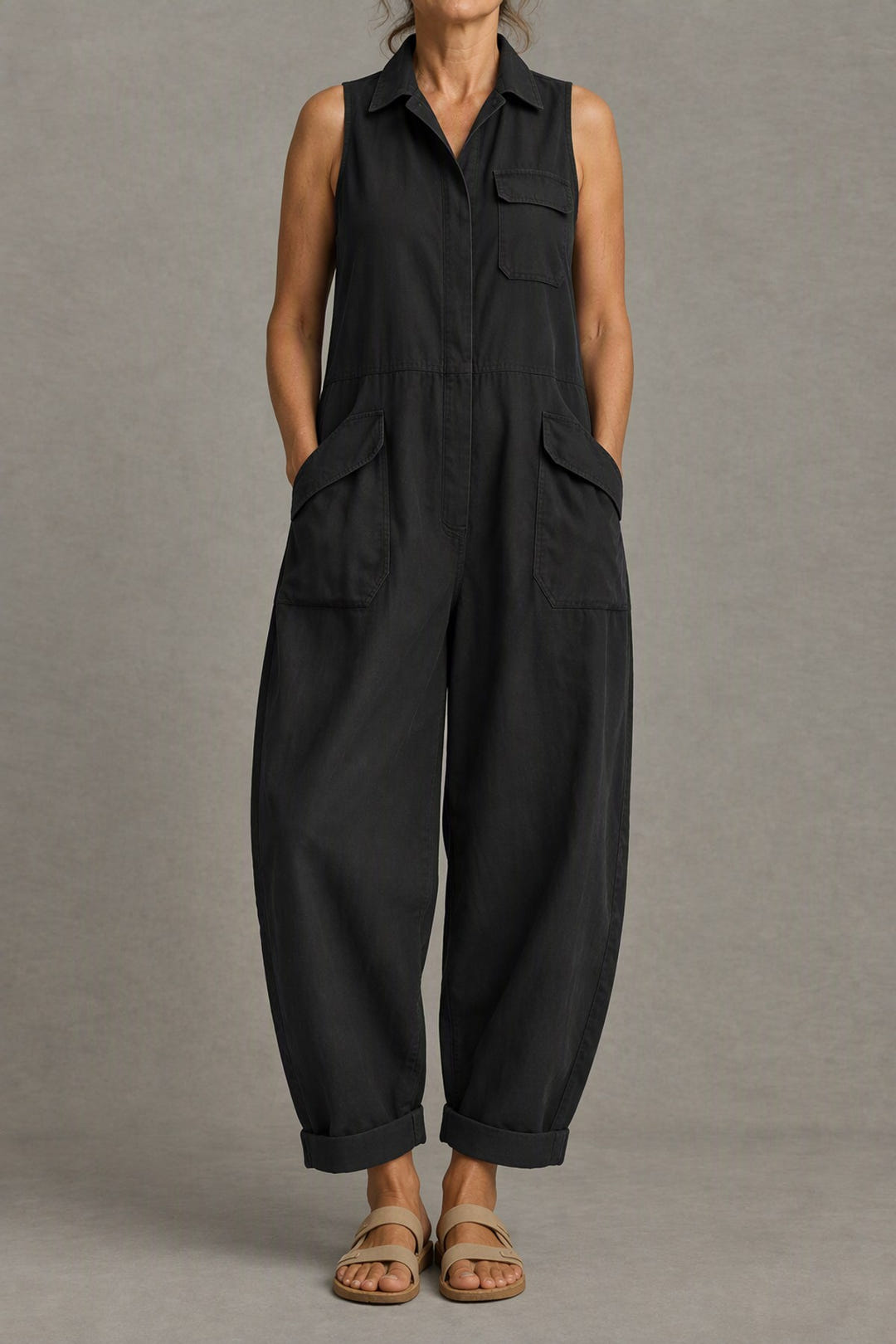 Sleeveless Utility Jumpsuit in black