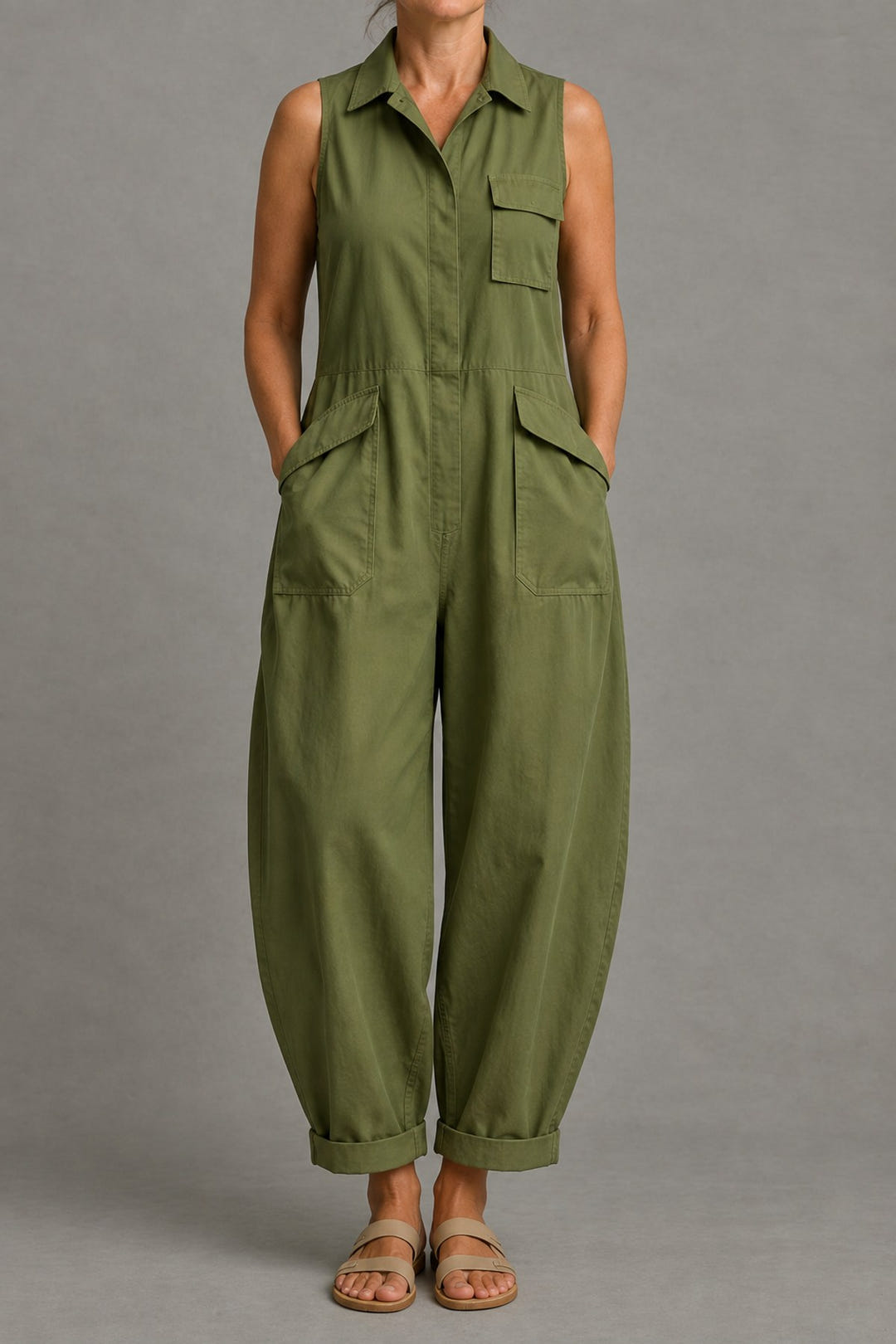 Sleeveless Utility Jumpsuit in olive