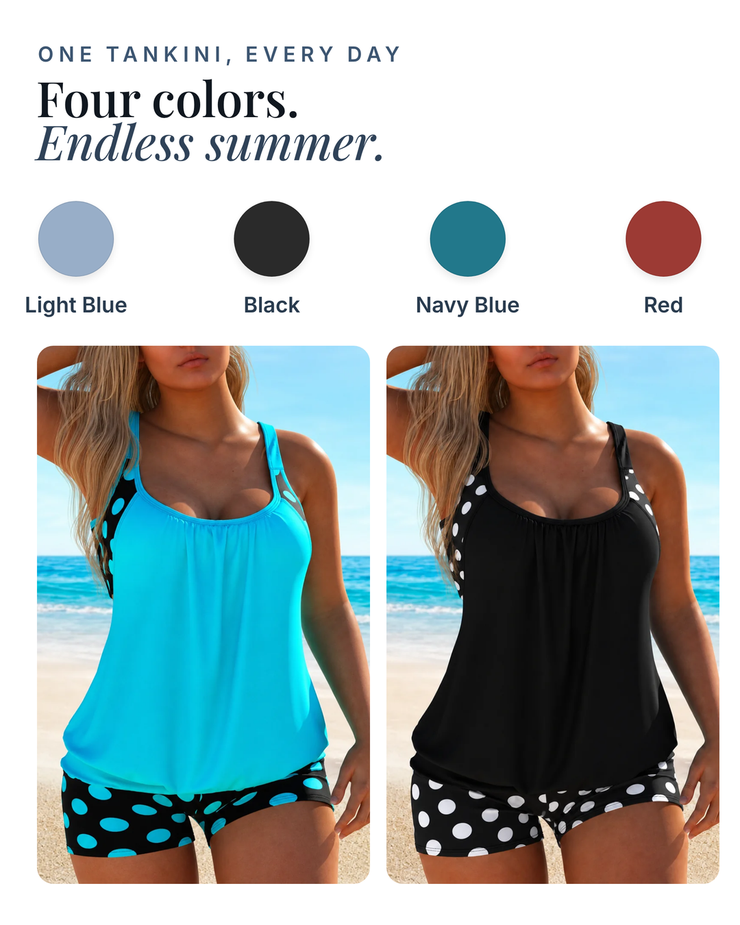Henrietta | Tummy Control Tankini Set available in 4 colours: light blue, black, navy blue, red