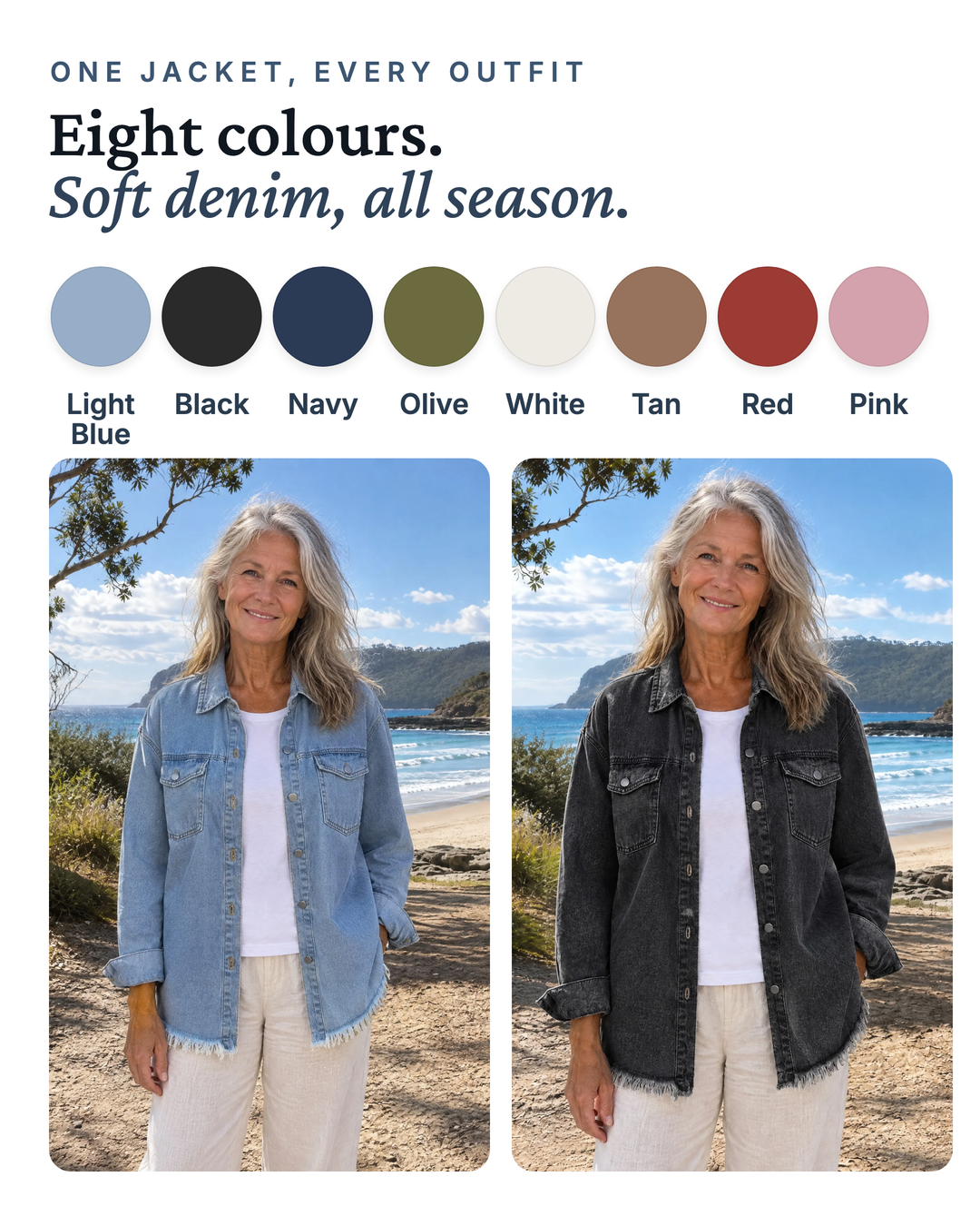 Hetty | Frayed-Hem Denim Shirt Jacket available in 8 colours: light blue, black, navy, olive, white, tan, red, pink