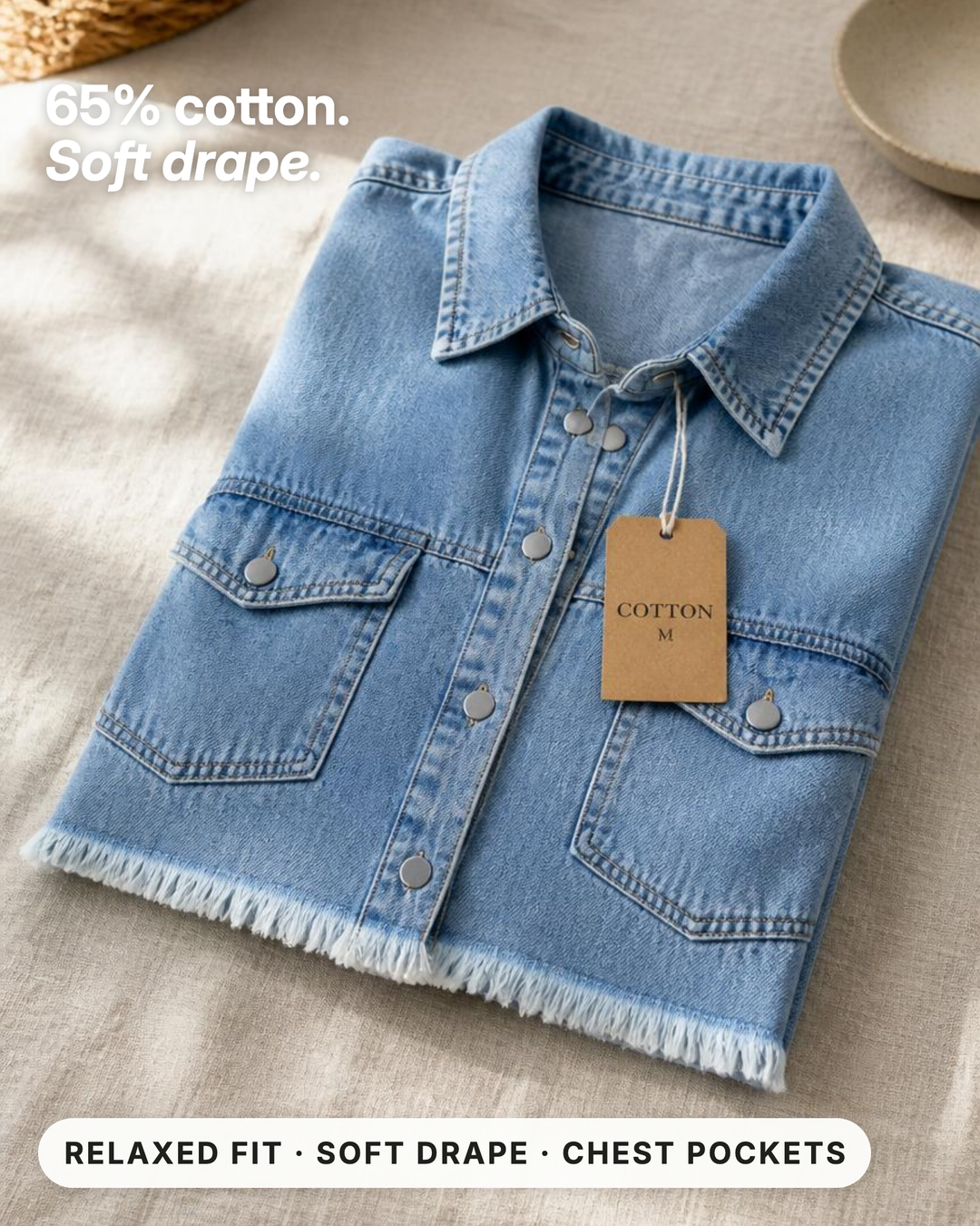 Hetty | Frayed-Hem Denim Shirt Jacket fabric close-up