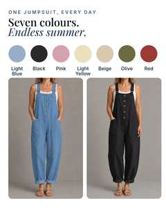 Jeannie | Relaxed Linen-Look Jumpsuit available in 7 colours: light blue, black, pink, light yellow, beige, olive, red