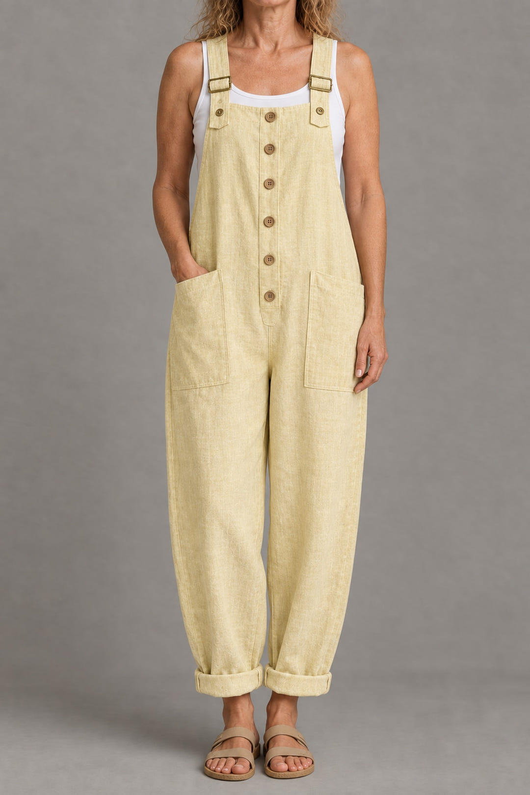 Relaxed linen-look jumpsuit in light yellow