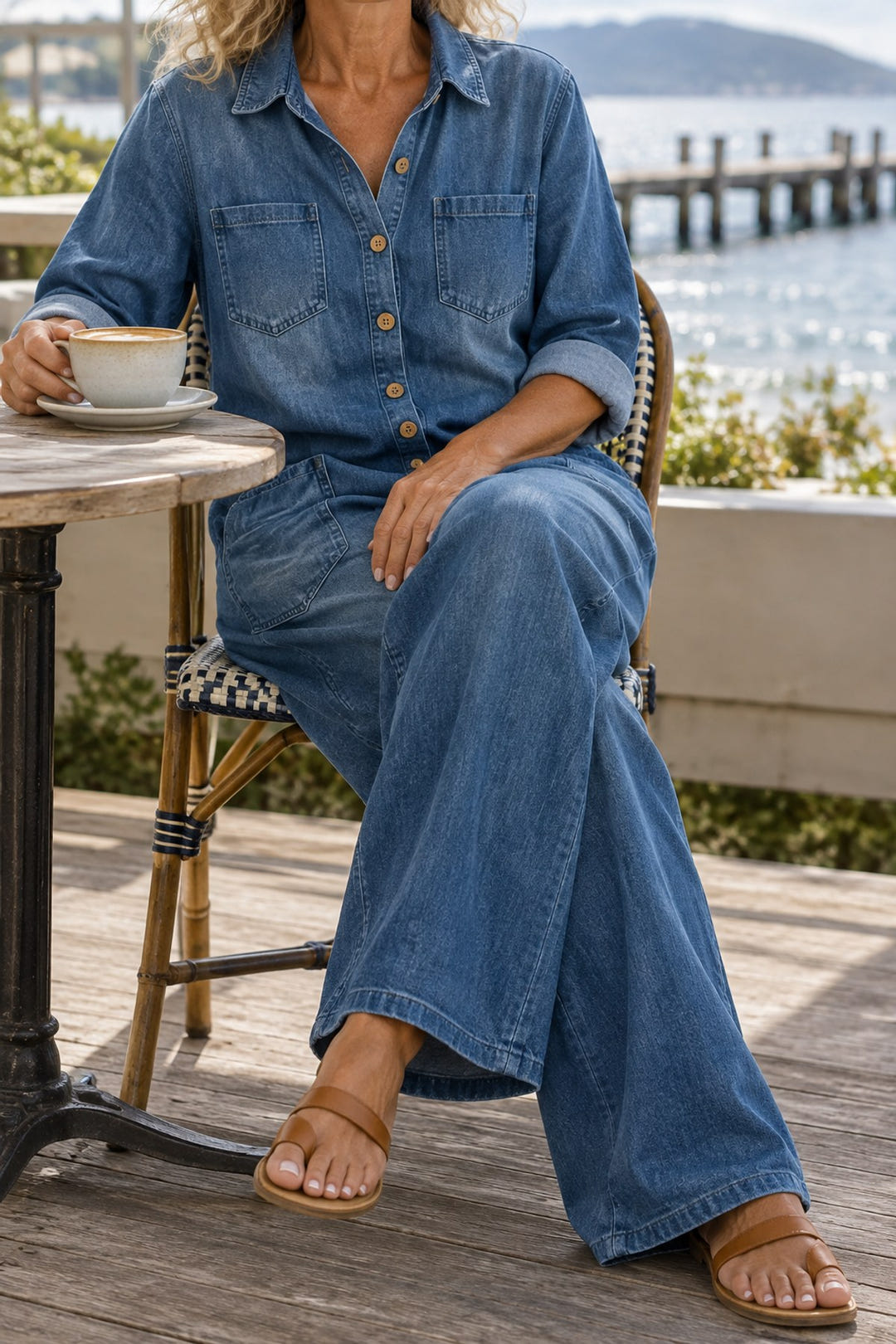 Relaxed long-sleeve jumpsuit in blue at a seaside cafe