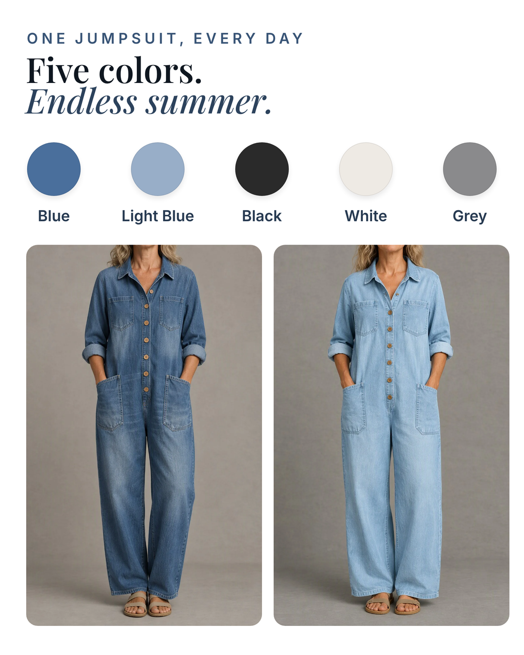 Jolene | Relaxed Long-Sleeve Jumpsuit available in 5 colours: blue, light blue, black, white, grey