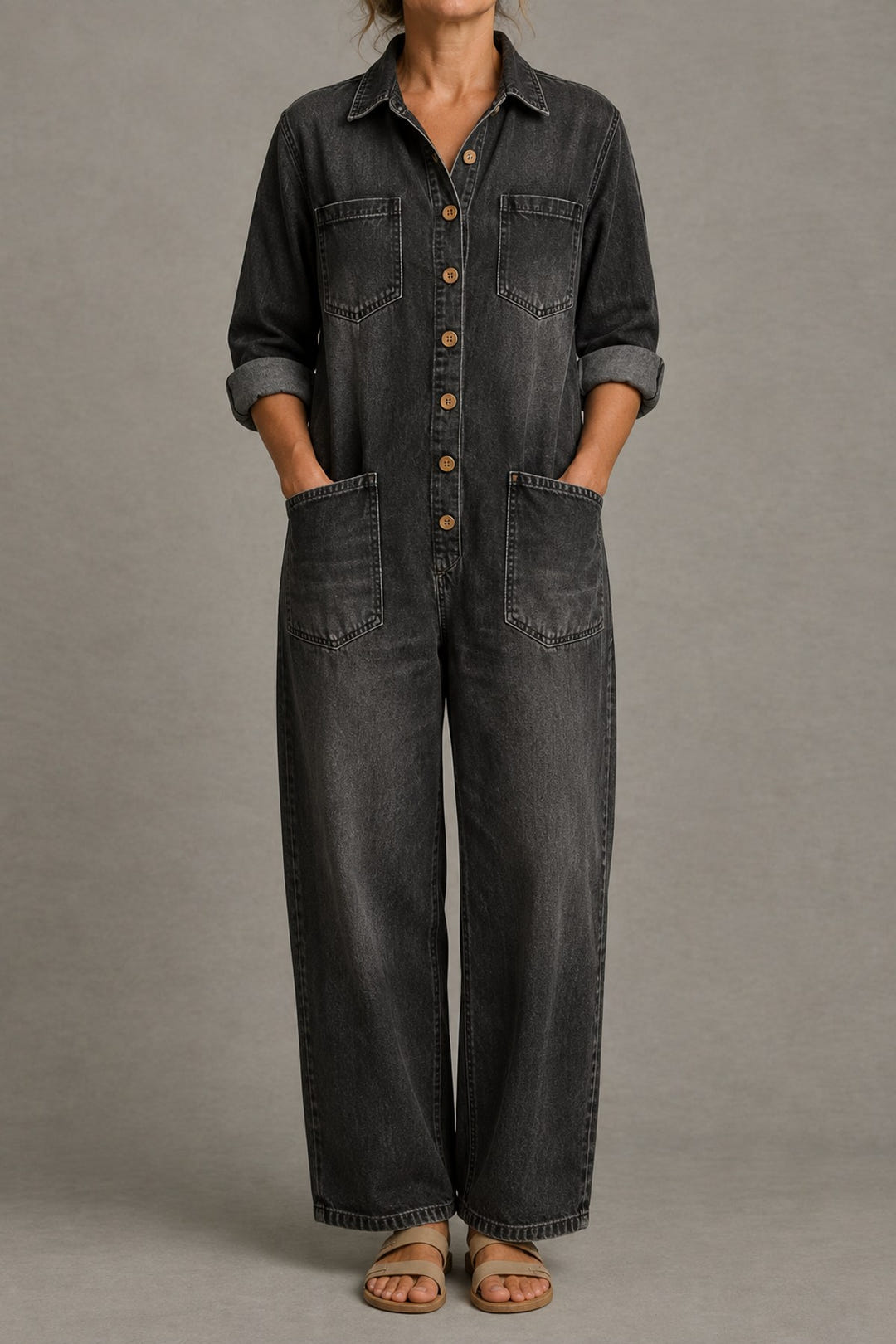 Relaxed Long-Sleeve Jumpsuit in black