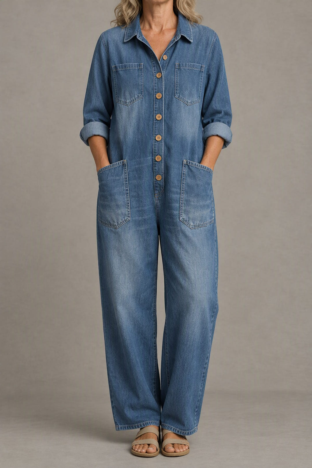 Relaxed Long-Sleeve Jumpsuit in blue