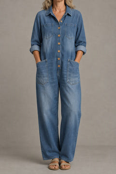 Relaxed Long-Sleeve Jumpsuit in blue