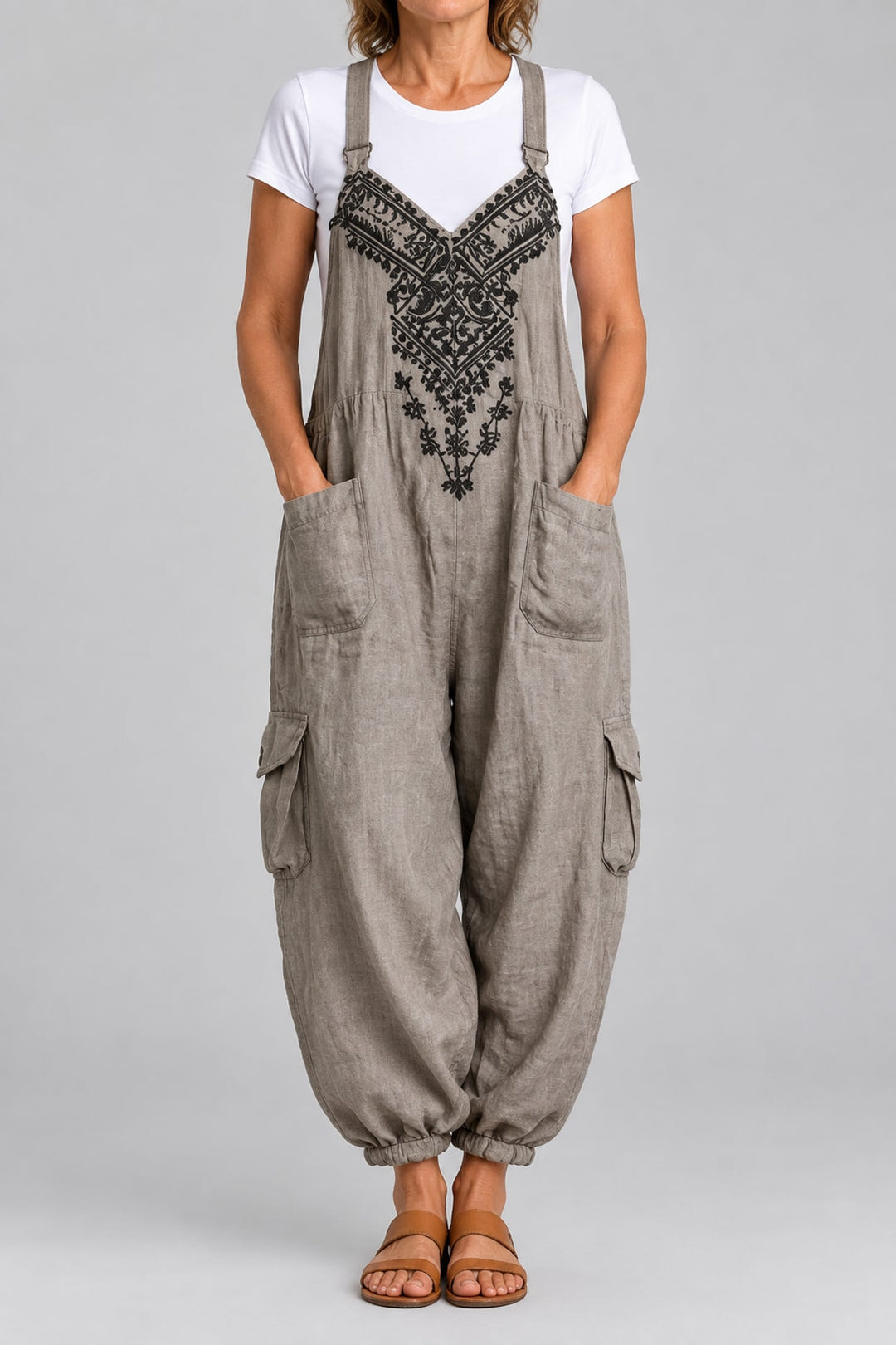 Boho halter dungarees in grey