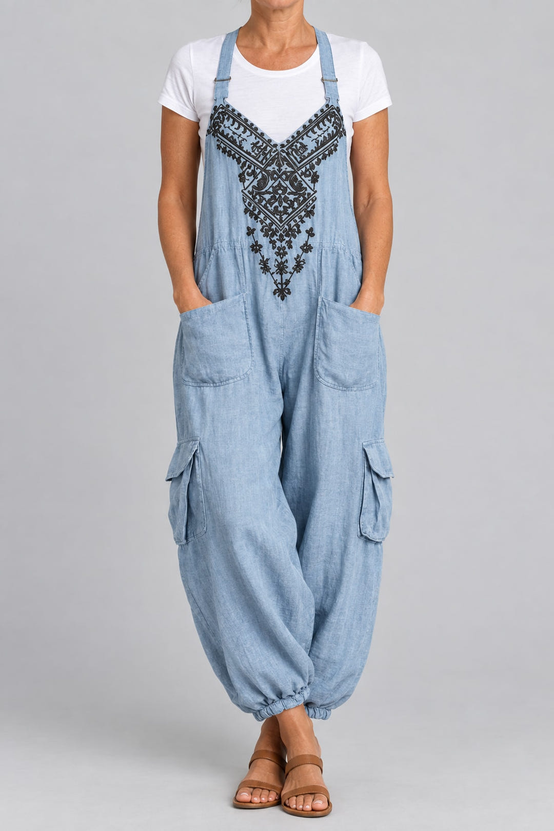 Boho halter dungarees in light blue