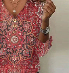 Mandy | Red Print V-Neck 3/4 Sleeve Top