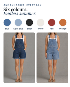 Kacey | Classic Denim Overall Shorts available in 6 colours: blue, light blue, black, white, red, orange