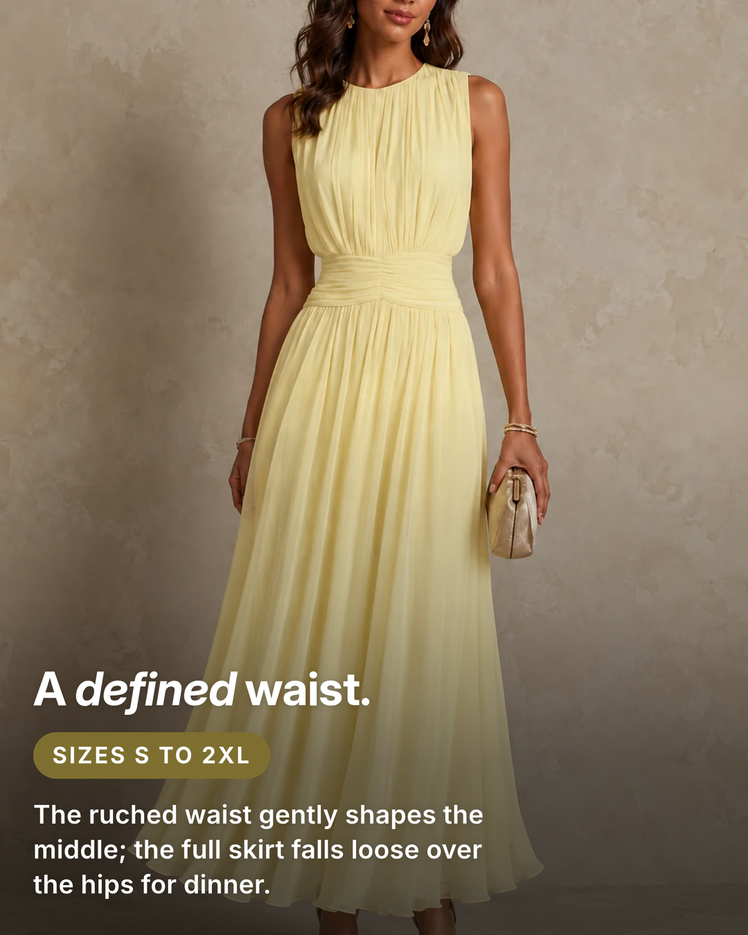Kathleen | Ruched Waist Maxi Dress fit and sizes