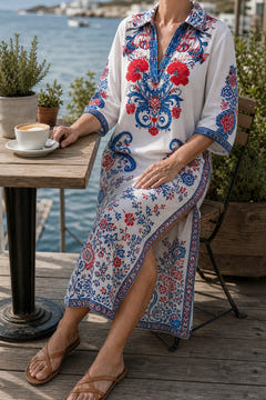 Paisley print kaftan maxi dress at a seaside cafe