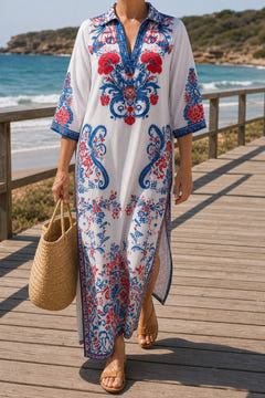Paisley print kaftan maxi dress on a coastal boardwalk