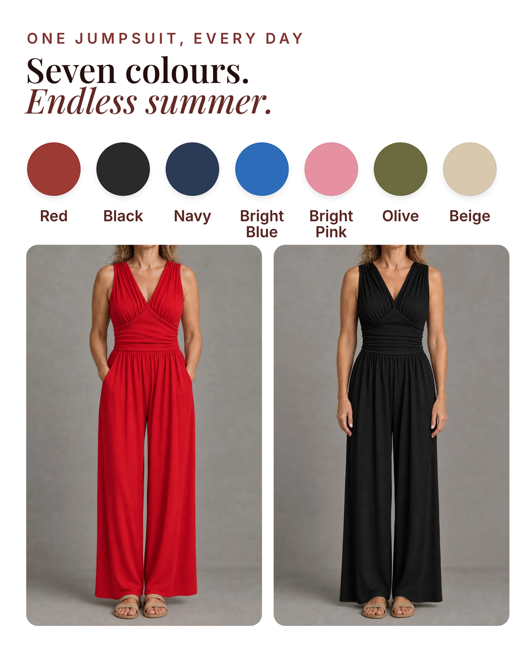 Lainey | Wide-Leg Jersey Jumpsuit available in 7 colours: red, black, navy, bright blue, bright pink, olive, beige