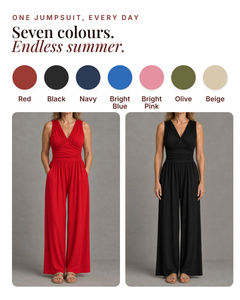 Lainey | Wide-Leg Jersey Jumpsuit available in 7 colours: red, black, navy, bright blue, bright pink, olive, beige