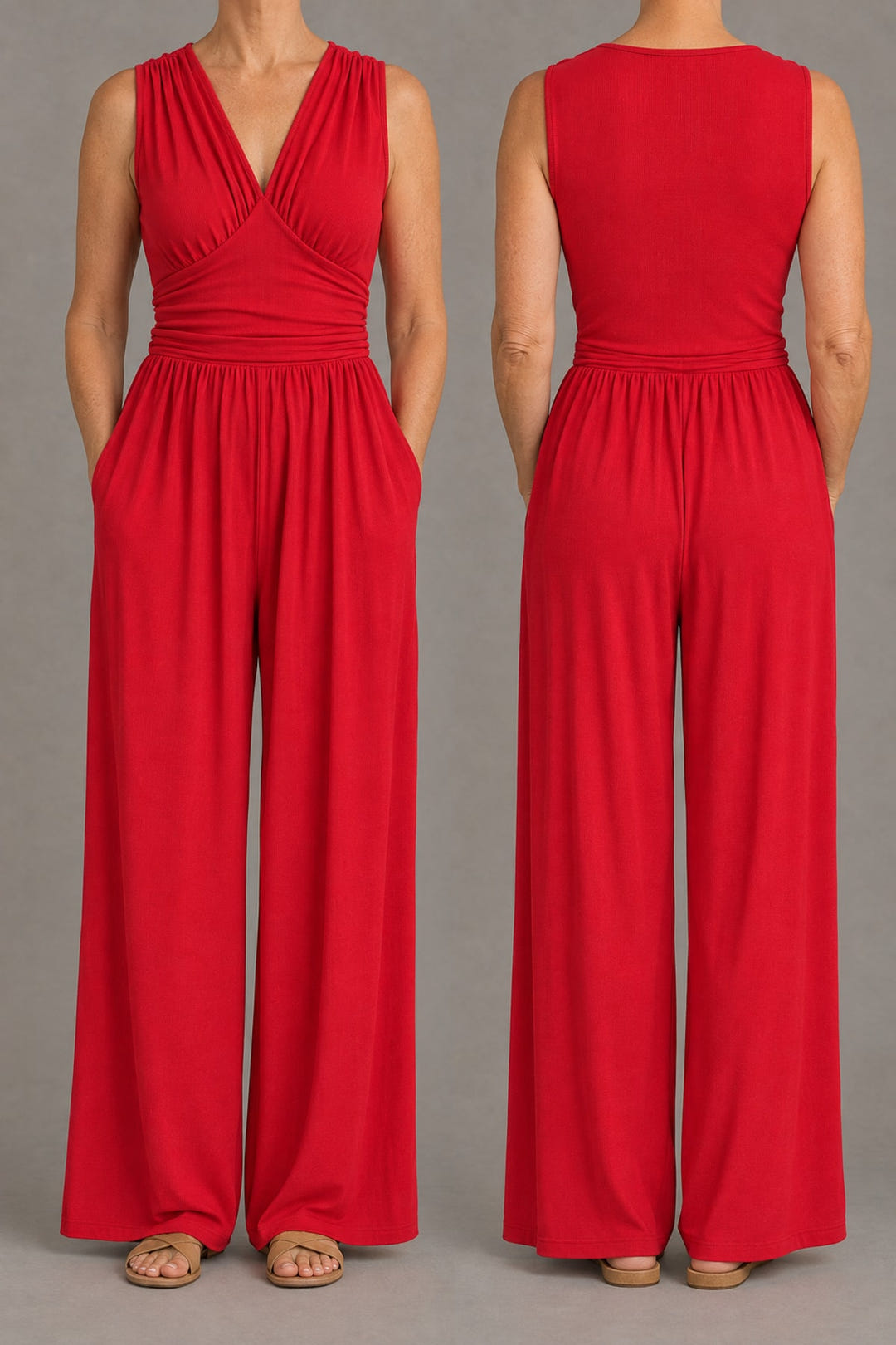 Wide-leg jersey jumpsuit from the front and back: plain ribbed back, no zip