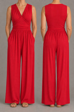 Wide-leg jersey jumpsuit from the front and back: plain ribbed back, no zip