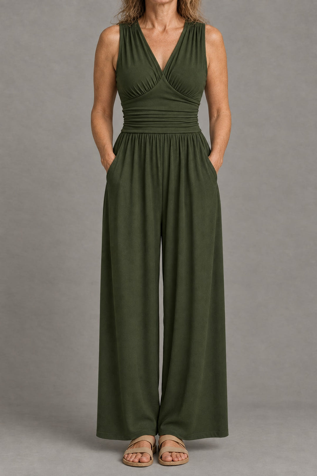 Wide-leg jersey jumpsuit in olive