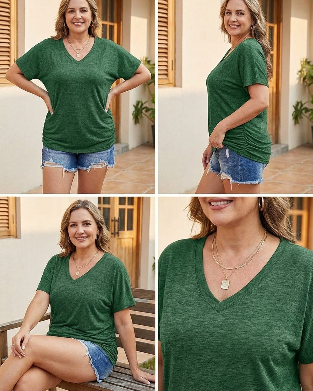 Soft V-neck dolman tee in forest green from four angles