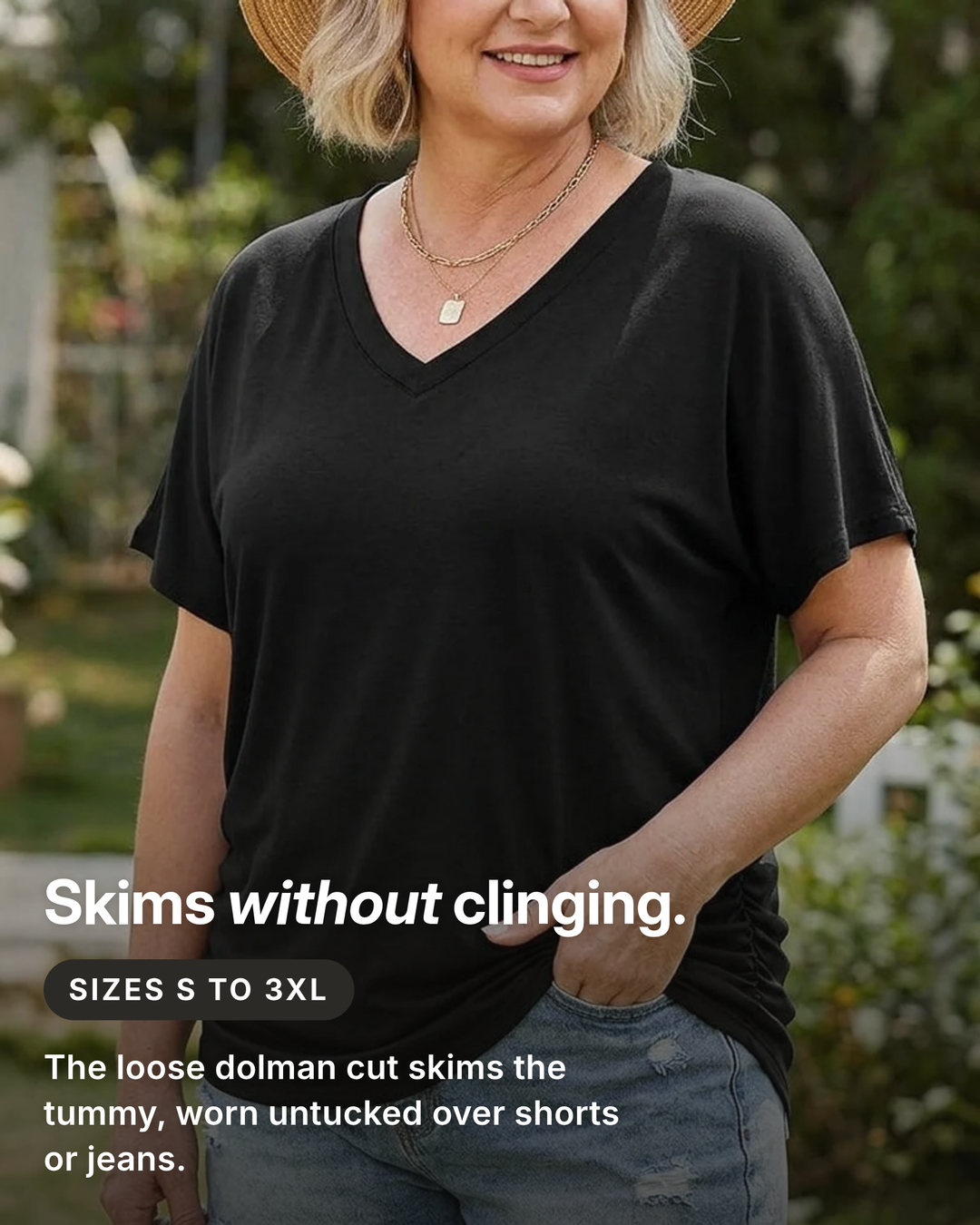 Lorrie | Soft V-Neck Dolman Tee 3-Pack fit and sizes