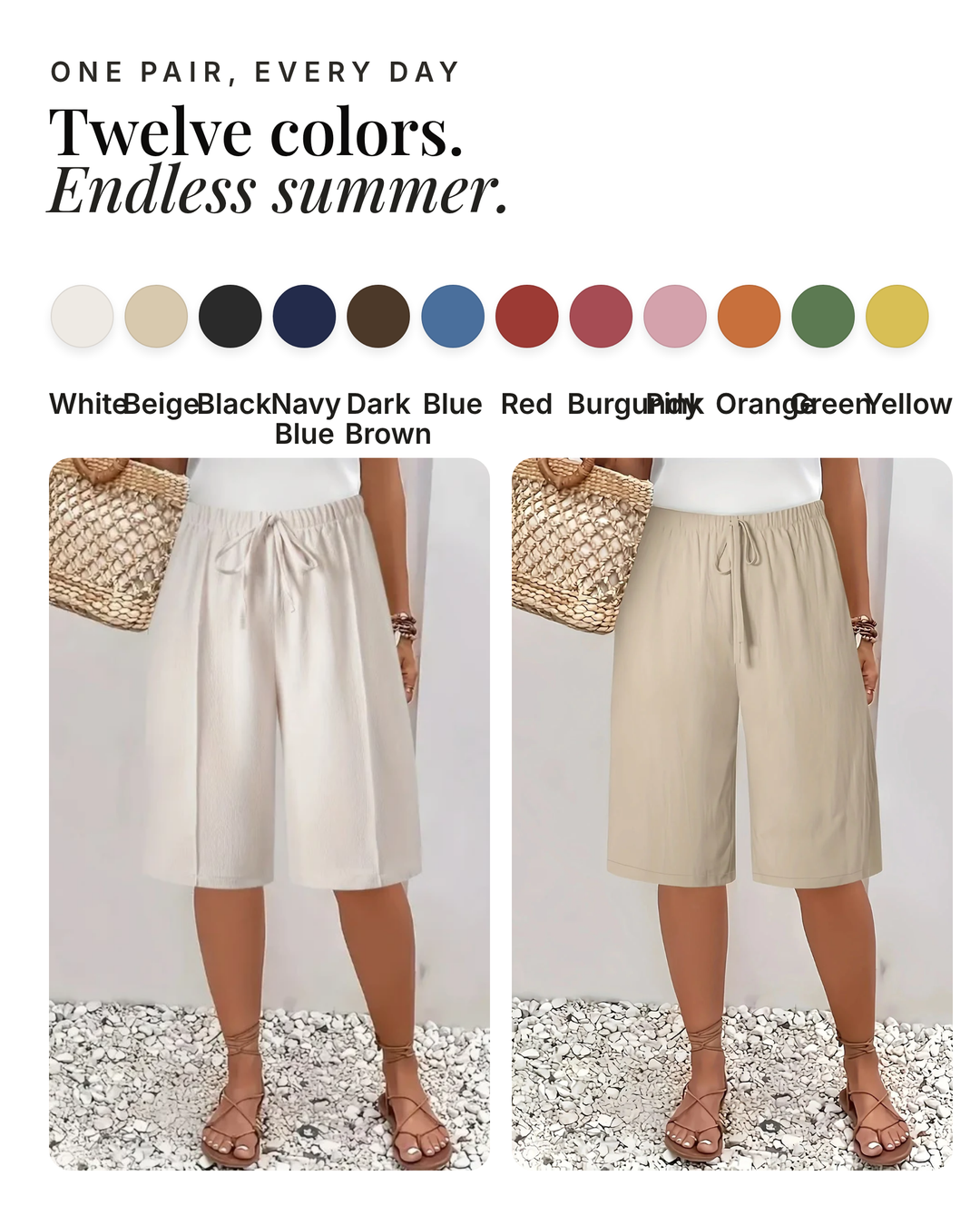 Lourdes | Elegant Comfort Shorts available in 12 colours: white, beige, black, navy blue, dark brown, blue, red, burgundy, pink, orange, green, yellow