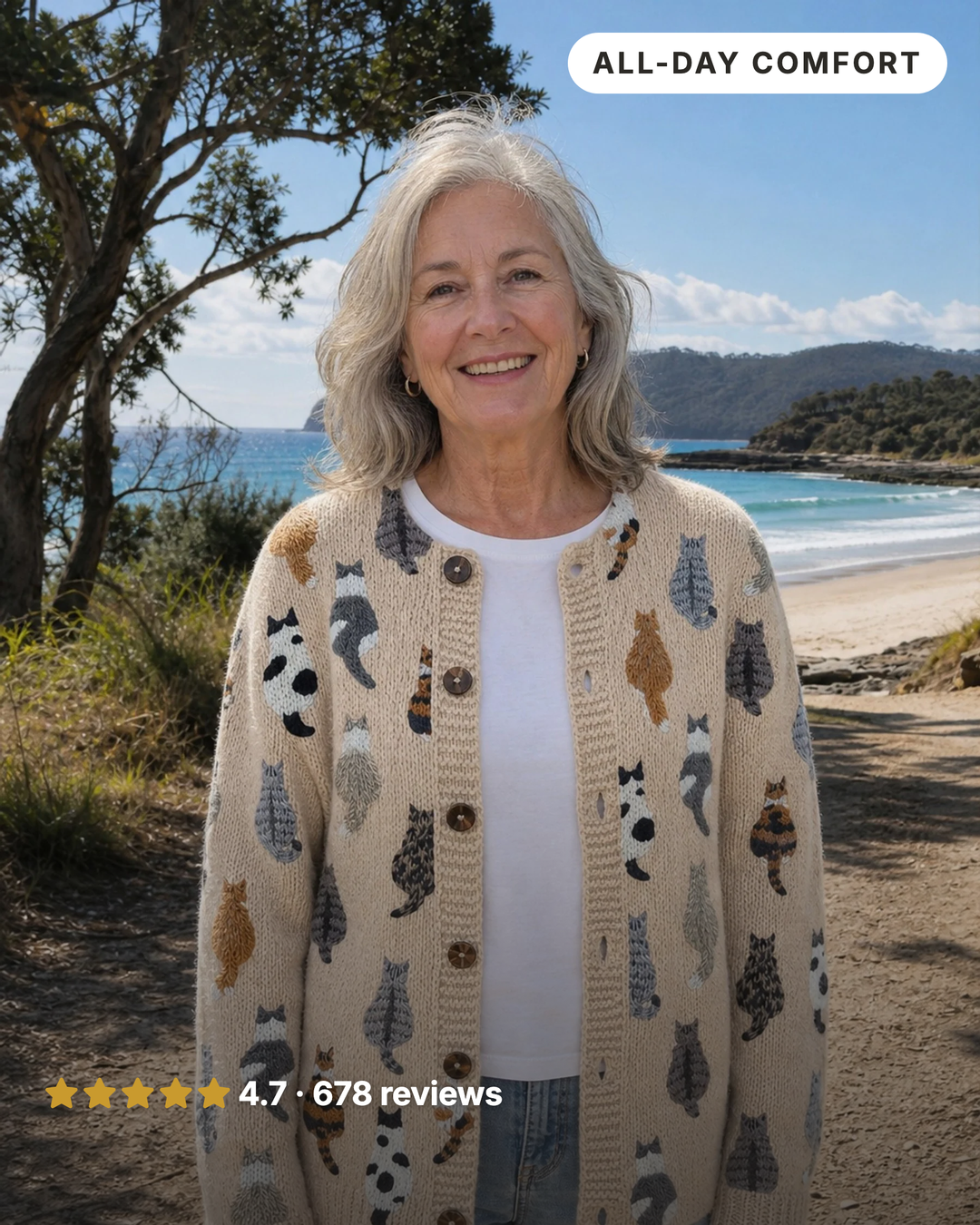 Lulu | Cat Print Button Cardigan in beige