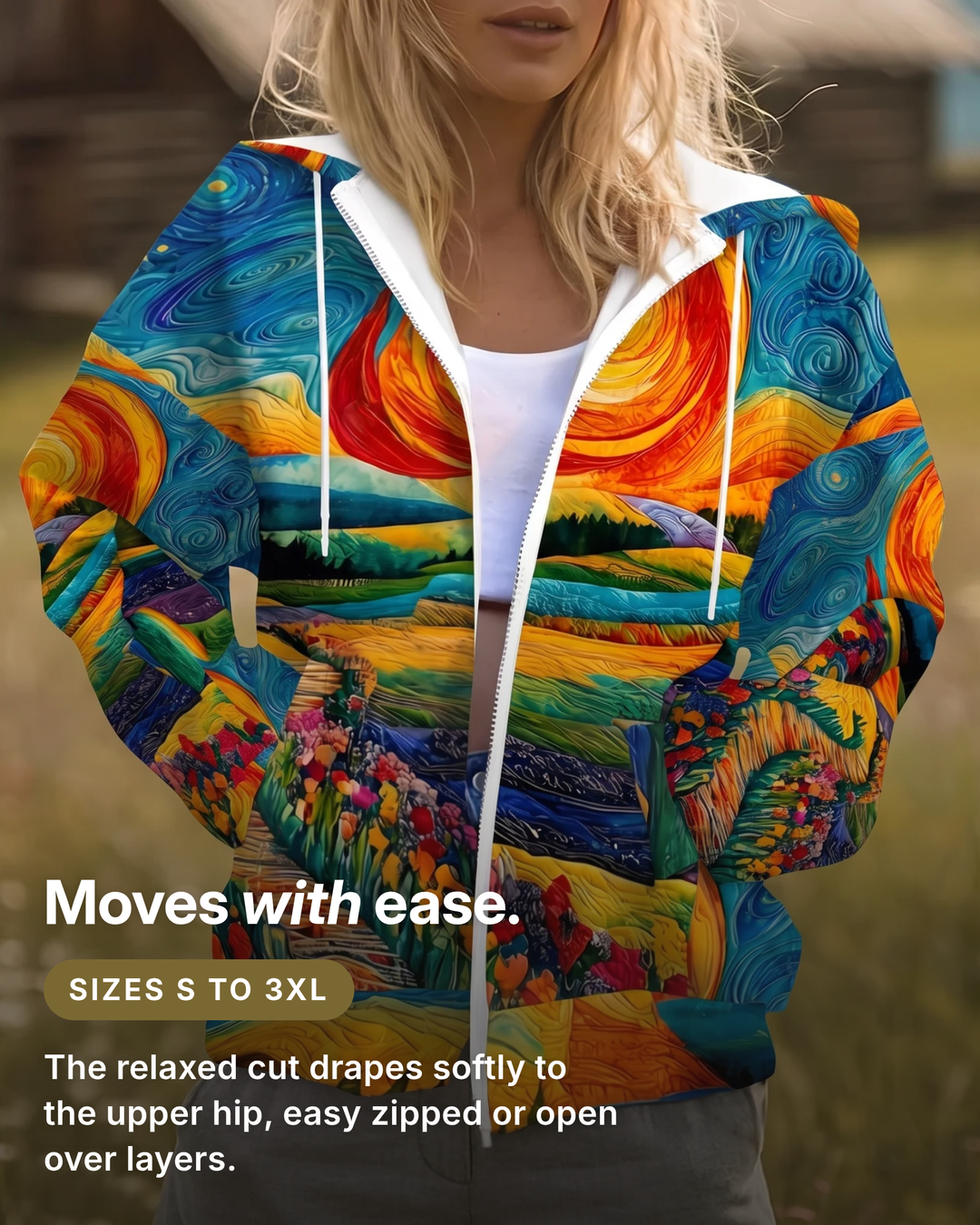 Maria-Grace | Radiant Sunburst Zip Hoodie fit and sizes