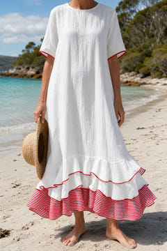 White striped hem maxi dress on a Bruny Island beach