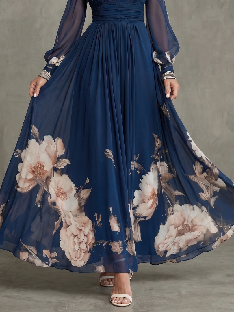 Yasmeen | Floral Hem Sheer Sleeve Maxi Dress