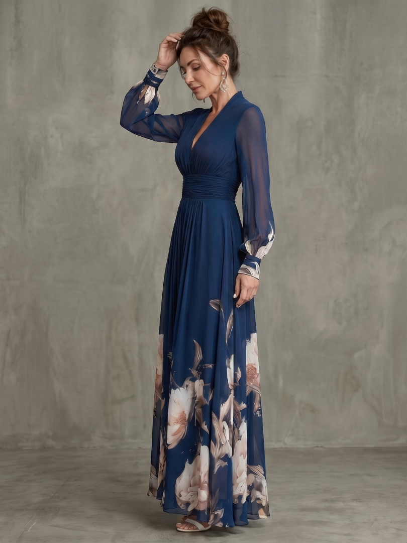 Yasmeen | Floral Hem Sheer Sleeve Maxi Dress