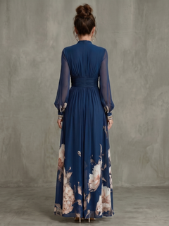 Yasmeen | Floral Hem Sheer Sleeve Maxi Dress